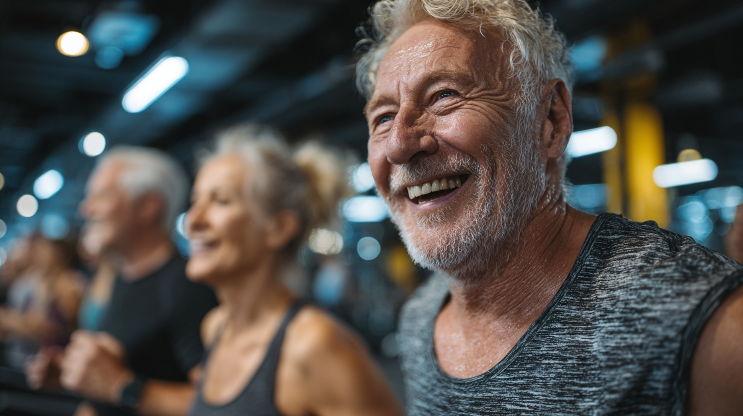 Група старших людей виконує вправи на свіжому повітрі під керівництвом інструктора